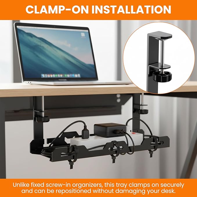 17'' Super Sturdy Cable Tray Under Desk Cord Organizer Standing Desk Cable Management System Large Power Strip Holder Cord Basket With Clamp for Wire Management Rack Office, Home, No Drill & Damage
