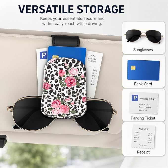 Leather Magnetic Sunglass Holder for Car Sun Visor, Cute Eyeglass Ticket Card Hanger Clip, Universal Auto Interior Accessories for SUV Pickup Truck, Rose Leopard