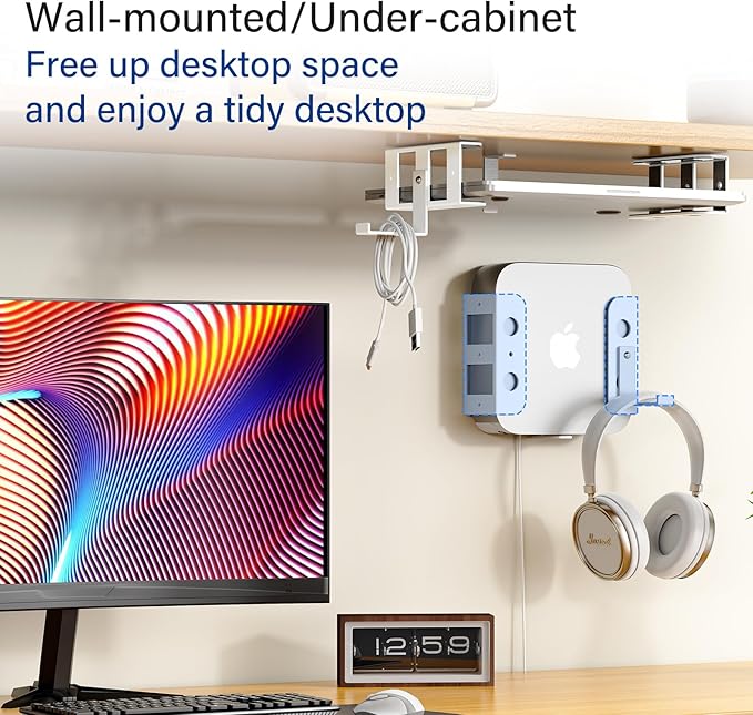 BYMECOST Under Desk Laptop Storage Mount, Metal Under Desk Device Holder, for Devices Up to 1.37" Thick, MacBook, Mini, Keyboard, Router, with Anti-Scratch Silicone (White, 2.1" with Hook)