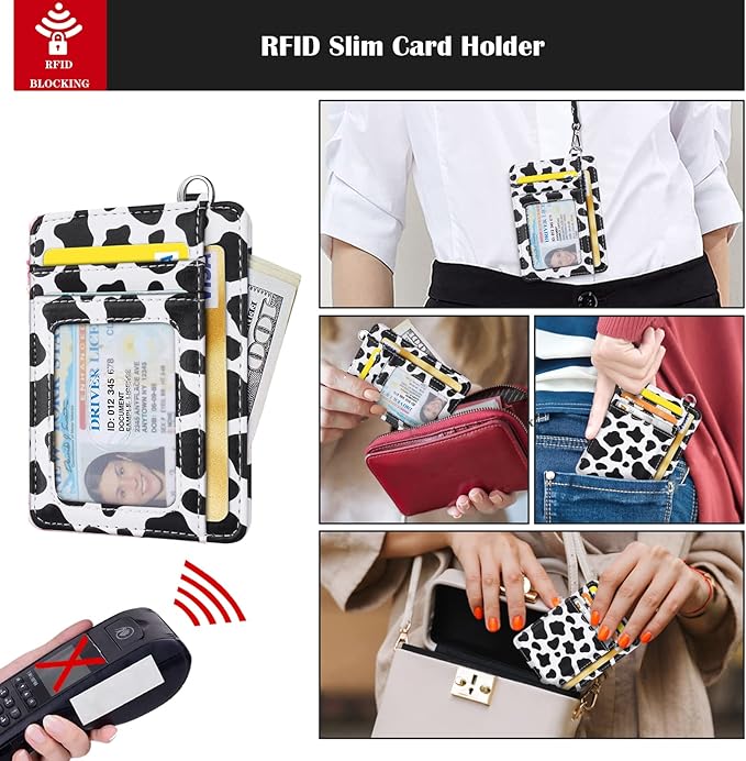 Coco Rossi Slim Front Pocket Wallet RFID ID Card Holder Cute Small Wallet with Wrist Lanyards Key Chain Holder for Women,Cow