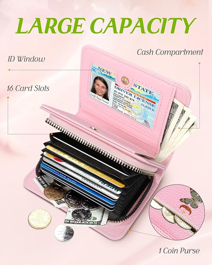 Bistup Credit Card Holder Wallet for Women Cute Leather Ladies Teen Girls Female Cardholder Wallets Accordion Purse Small Medium Aesthetic Merch Print Butterfly Moon Unique Modern Rfid Zipper Around