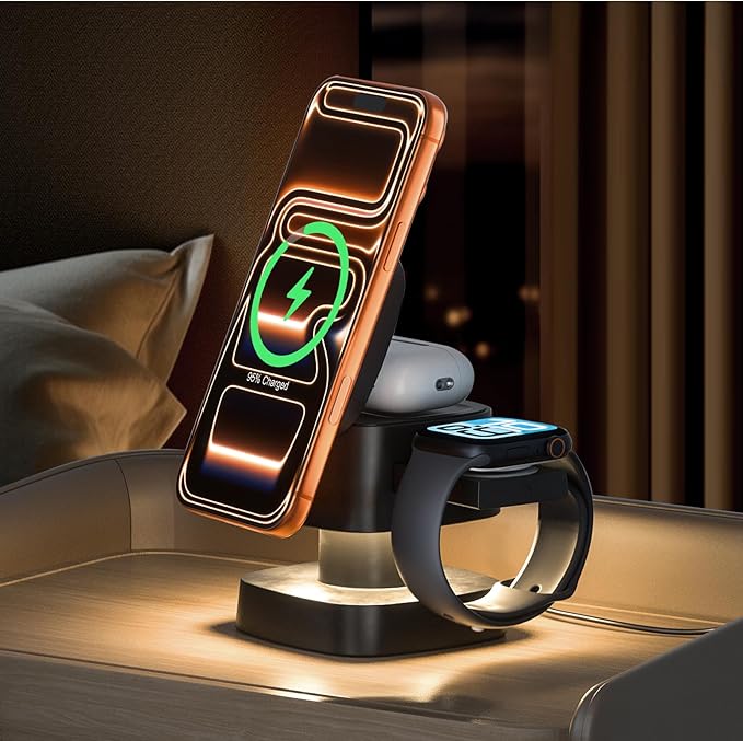 【2026 Upgraded】4 in 1 Wireless Charger, 3 in 1 Wireless Charging Station with Night Light for MagSafe Charger, 15W Magnetic Travel Stand for iPhone17/Air/Pro/Max/16/15/14, Apple Watch, Airpods (Black)