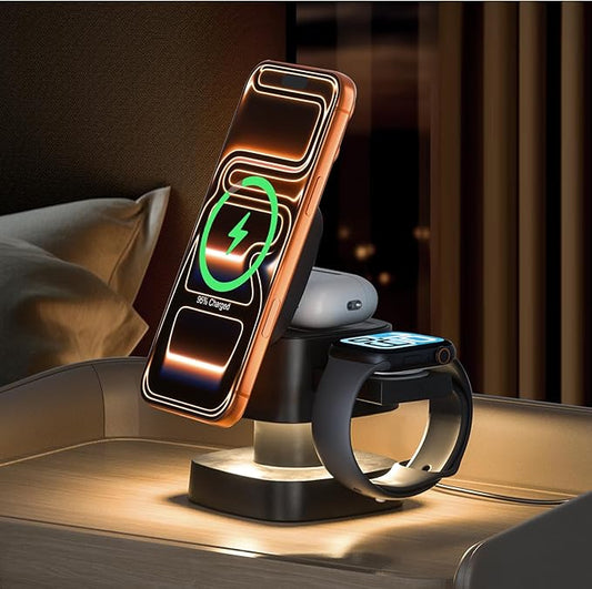 【2026 Upgraded】4 in 1 Wireless Charger, 3 in 1 Wireless Charging Station with Night Light for MagSafe Charger, 15W Magnetic Travel Stand for iPhone17/Air/Pro/Max/16/15/14, Apple Watch, Airpods (Black)