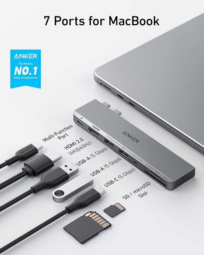 Anker USB C Hub for MacBook, 7-in-2 with 4K@60Hz HDMI, Compatible with Thunderbolt 4, 1 Type C and 2 USB A Data Ports for MacBookPro 13 Inch, MacBookAir M1 / M2, and More