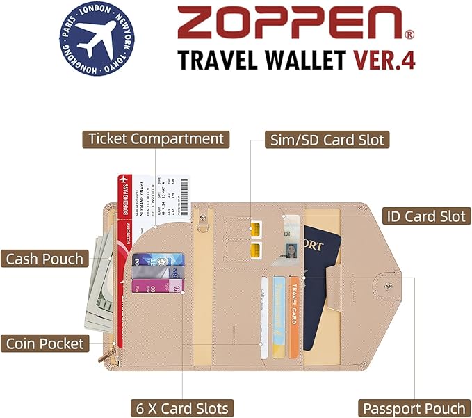 ZOPPEN Mulit-purpose Rfid Blocking Passport Holder Travel Wallet (Ver.4) Passport and Vaccine Card Holder ComboTri-fold Document Organizer Travel Essentials