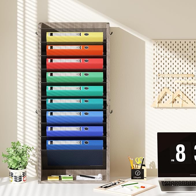 Hanging Wall File Organizer, 11 Tier Wood Wall File Holder with 4 Hooks, Mail Organizer Wall Mounted with Bottom Flat Tray, Vertical Paper Desk Storage for Office, Home, Greige