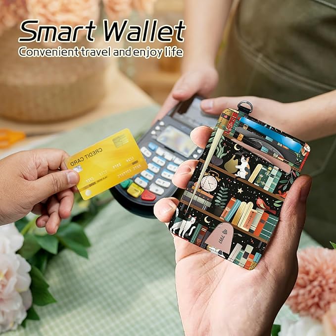 Small Travel Wallets, Cats Library Slim Minimalist Front Pocket Wallet with Wristlet, RFID Blocking PU Leather Credit Card Holder with ID Window Change Purse for Men Women