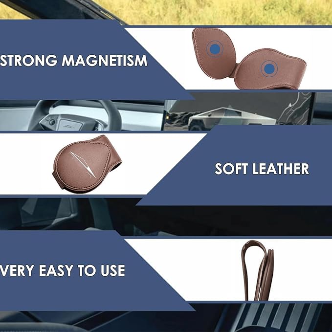 Car Sunglass Holder Compatible with Tesla Cybertruck 2025 2024 Cyberbeast Interior Accessories Organizer Leather Eyeglass Hanger Visor Ticket Card Clip Magnetic Cyber Truck Sunglasses Holders (Brown)