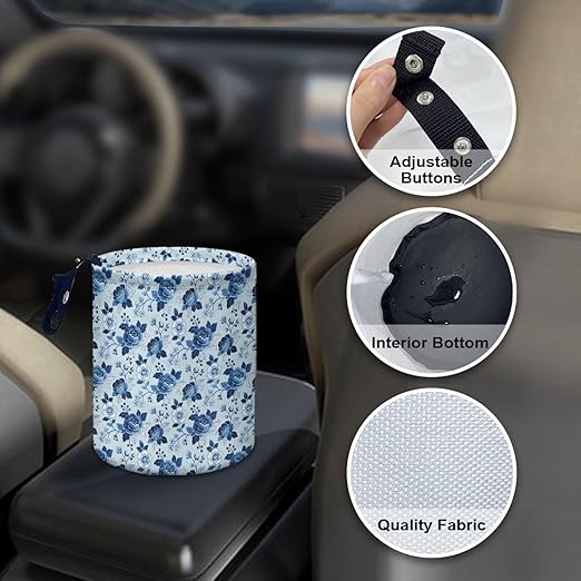 Blue Roses Car Rubbish Bin Portable Waste Basket Can Foldable Auto Waste Storasge Bag Holder with Adjustable Strap for Camping, Travelling, Picnic