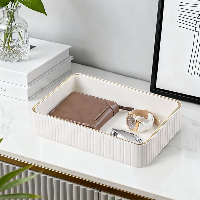 Desk Organizer Tray, PU Leather Nightstand Organizer Perfume Valet Tray for Men Women, Decorative Vanity Trays Trinket Dish Key Bowl for Entryway Table (Ivory, Medium)