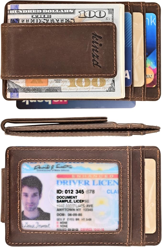 kinzd Slim Money Clip Wallet for Men Genuine Leather Front Pocket RFID Blocking Wallet, Minimalist Card Holder with 4 Strong Magnets Hold 30 Bills | RFID Blocking, Strong Magnet, thin