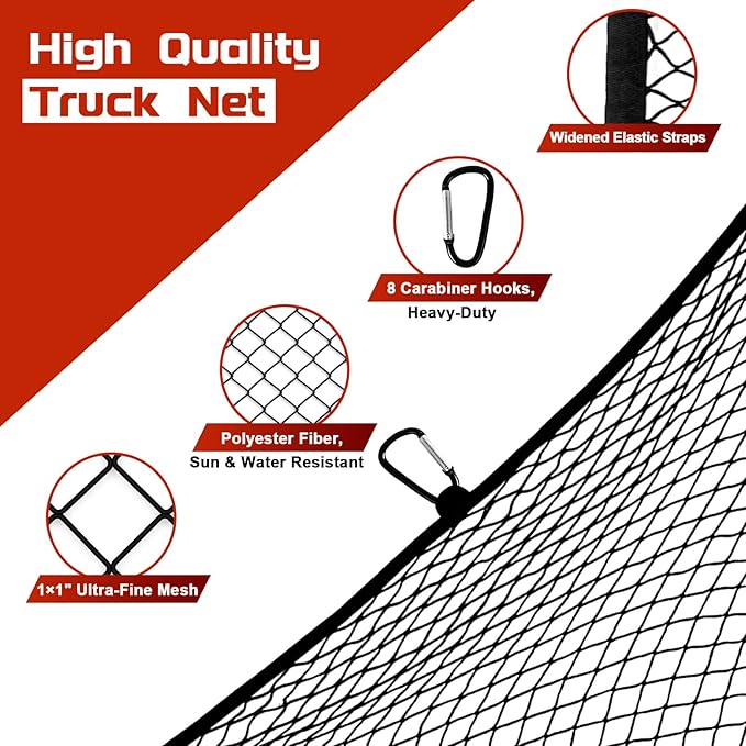 Truck Bed Cargo Net, Stretchable from 4'x4' to 7'x7',High Elastic Cargo Net with Storage Bag and 8 rustproof Buckles, Ideal for ATV, SUV, UTV, Truck and Boat Use, Black