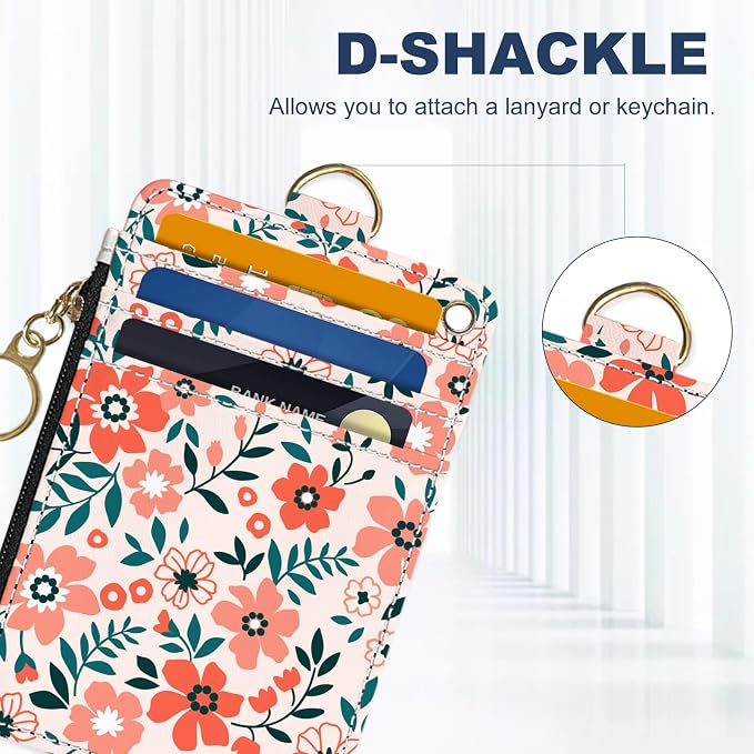 Slim Wallet Credit Card Holder, Orange Floral Print X, RFID Wallet Women Cute Small Front Pocket Wallet With Zipper, PU Leather Thin travel RFID Blocking Card Case ID Window,Ladies Gifts