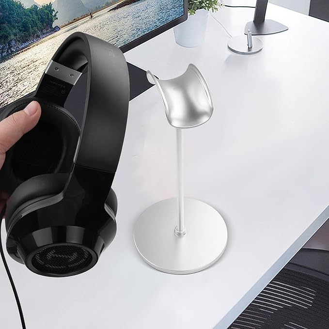 YAODHAOD Desktop Headphone Stand, Aluminum Alloy Headset Stand for Desk with Curved Headphone Rest & Anti-Slip Base,Heavy Base Desk Stand Headphones Support Accessory(Silver)