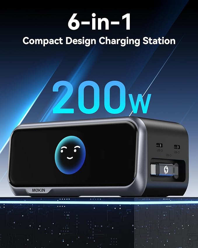 MOKiN 200W Charging Station, 6-Port GaN Fast Desktop Charger with LCD Smart Display Control and Retractable Cable for iPhone, Galaxy, MacBook, Dell and Gaming Desk Accessorie