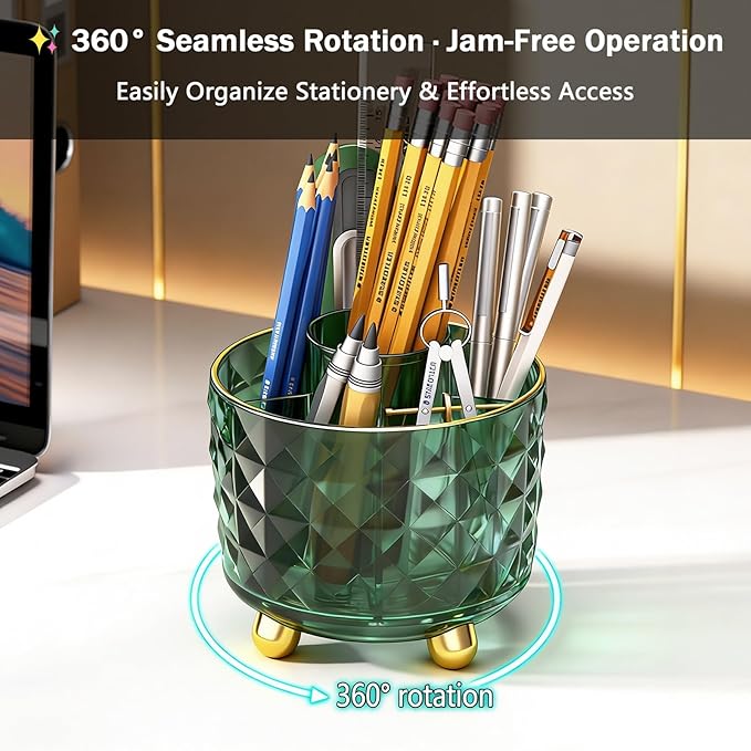 Dark Green Pen Pencil Holder for Desk, 360° Rotating Pen Organizer, Green Office Supplies, Cute Pen Holder, 6-Compartment Pencil Holder Rotating
