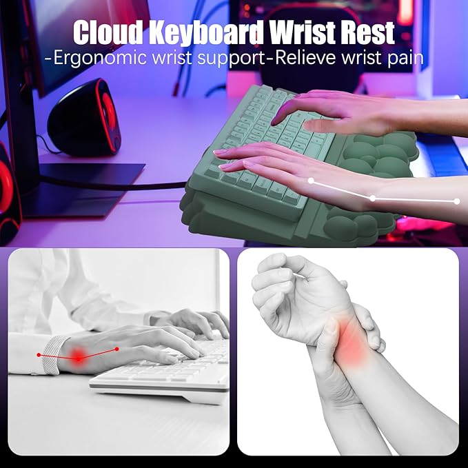 Wrist Rest with Keyboard Stand, Ergonomic Computer Wrist Support Pad, Cloud Keyboard Riser Holder with Wrist Pad, Memory Foam Desk Cushion, Palm Hand Typing for Office Home School-Green