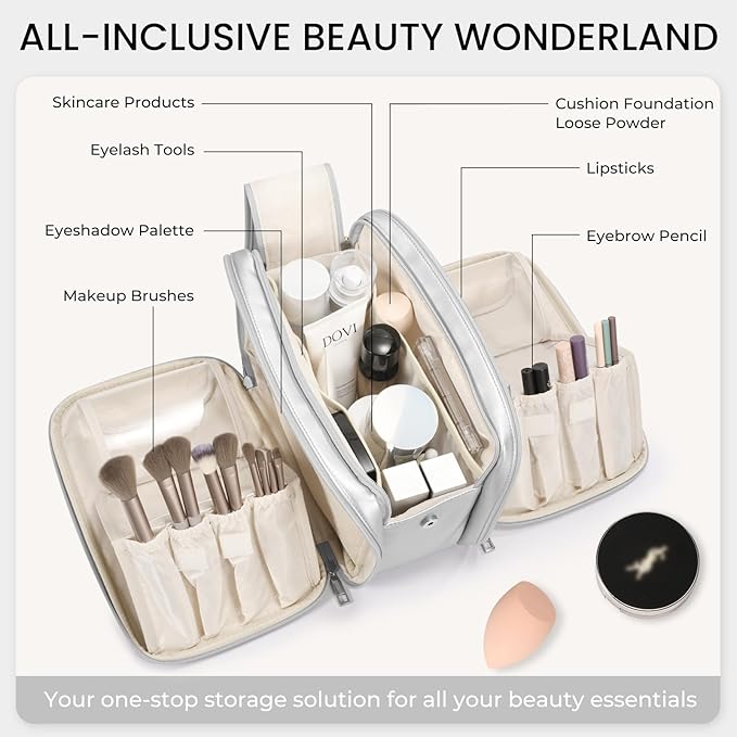 HauteHues Travel Makeup Bag Women's Large Capacity Cosmetic Portable Organizer Large Opening Waterproof Storage Toiletry Bags Vertical Free-Standing Brush Holder for Easy Access Silver