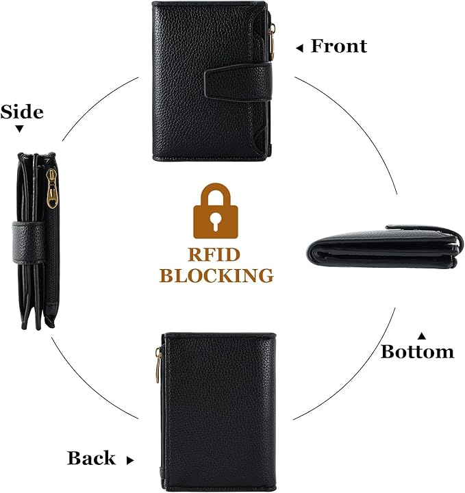Airkit Small Wallet Women RFID Blocking Soft Leather Bifold Compact Card Holder Wallet for Women with Zipper Coin Pocket 4 ID Window
