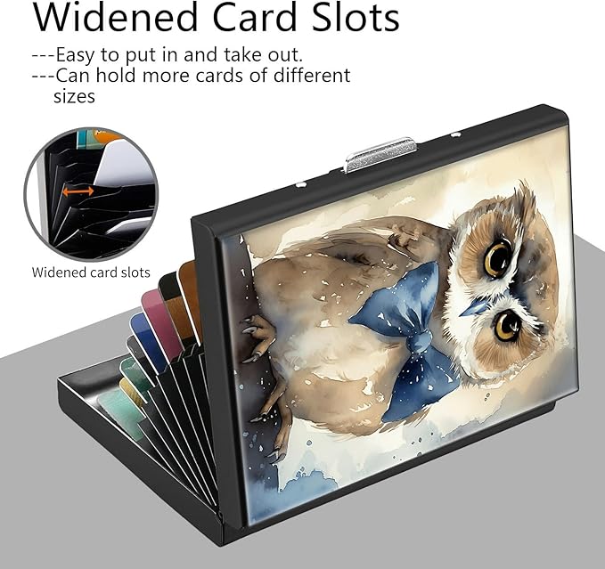 Credit Card Holder, Watercolor Owl Design Mini RFID Blocking Aluminum Wallet Slim Metal Hard Case Shell Travel Wallet ID Case Small Credit Cards Case Business Cards for Women Men Girls