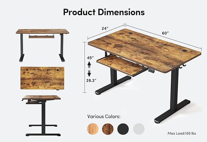 FEZIBO Standing Desk with Keyboard Tray, 60 x 24 Inch Adjustable Height Sit Stand Desk with Memory Presets for Home Office, Ergonomic Computer Workstation, Rustic Brown