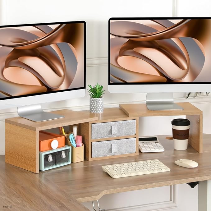 TEAMIX 42 inch Dual Monitor Stand Riser with 2 Drawers- Length and Angle Adjustable 3 Shelf Riser with Storage Desk Organizer Computer Monitor Stand for 2 Monitors/Laptop/PC,Screen/TV Stand Riser