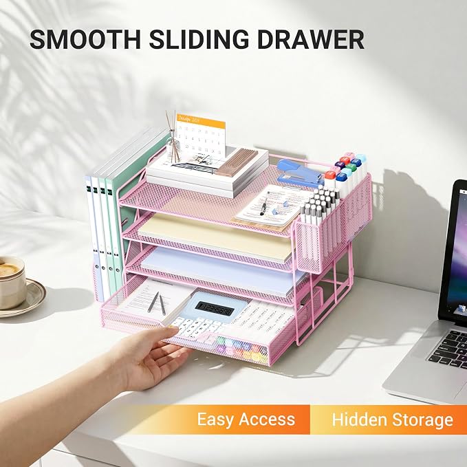 OPNICE 4-Tier Desk Organizer with Drawer & Pen Holder, Office Desk Accessories and Office Decor for Women, Paper Tray File Organizer for Home Office Workspace Supplies, Pink