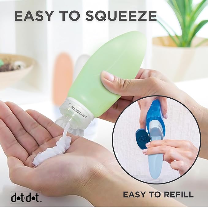 Dot&Dot Leak Proof Travel Bottles - Tubes for Liquid TSA Approved 3oz Silicone Toiletries Travel Shampoo & Conditioner Containers with Labels