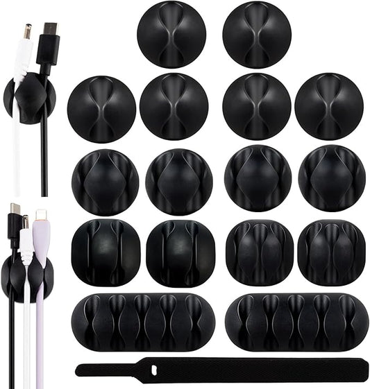 Adhesive Cable Clips Organizer 16 Pack Black Cord Holders for Desk Under Computer, Strong Sticky Wire Management Clips for Home Office TV Car Mouse Nightstand Accessories