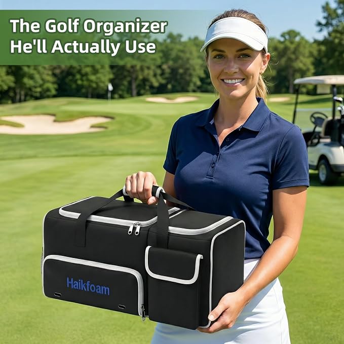 Golf Trunk Organizer, 2-Layer Car Trunk Locker with Ventilated Shoe Compartment for 2 Pairs, Adjustable Dividers, Multi-Pocket Storage for Balls Tees Gloves Towels