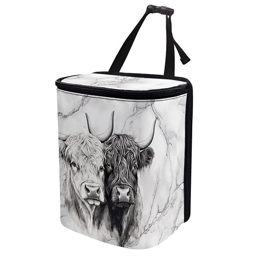 Talayituse Highland Cattle Marble Print Car Trash Bin, Large Size Auto Trash Can Adjustable Portable Garbage Can with Lid, Vehicle Hanging Bag for Headrest Front Back Seat