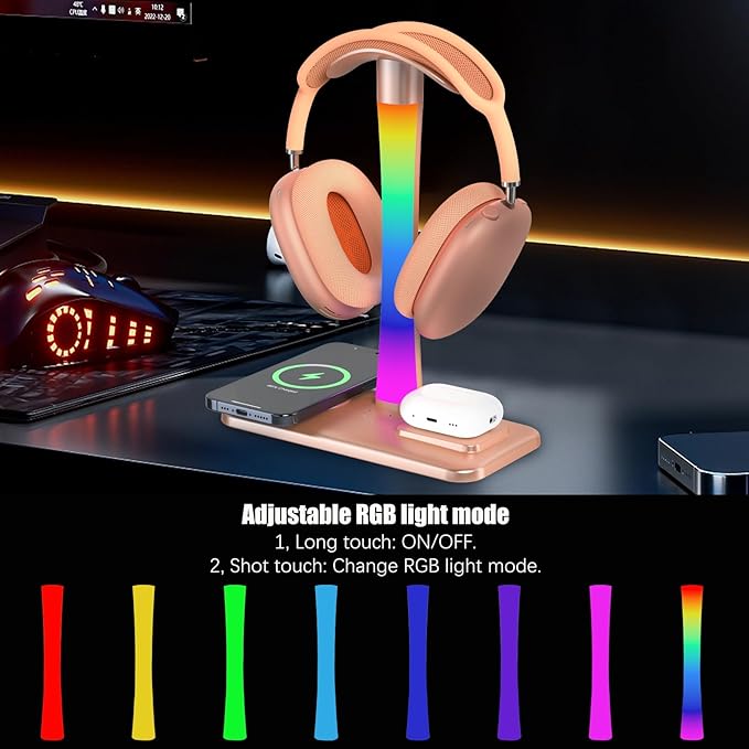 Headphone Stand with Wireless Charger,Gaming Headset stand with RGB Light Mode,For Airpod Max Stand Compatible with Airpod Pro/3/2,For iPhone 17/16/15/14/13/12/11,Gifts for Gamers & Music Lover (Gold)