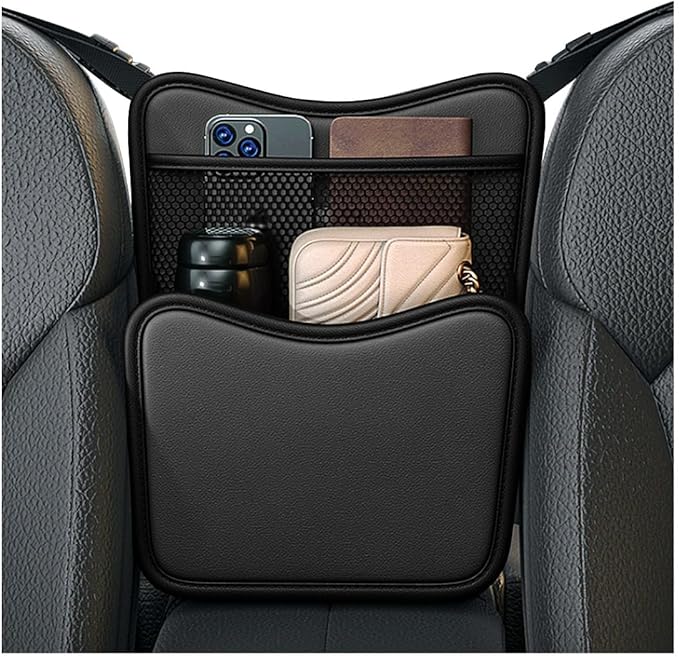 DXNQ Car Organizer Storage Between Seats, Leather Large Capacity Automobile Handbag Hanging Store Content Bag, Auto Console Organizer Holder for Snack Phone Document Storages, Car Accessories (Black)