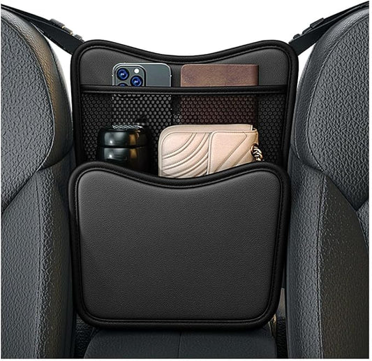 DXNQ Car Organizer Storage Between Seats, Leather Large Capacity Automobile Handbag Hanging Store Content Bag, Auto Console Organizer Holder for Snack Phone Document Storages, Car Accessories (Black)