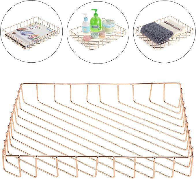 BTSKY Multipurpose A4 File Tray Wire Desk Tray Organizer Elegant Letter Size Desk Documents Trays Magazine Files Storage Basket Organizer Bin for Office Cosmetics Bathroom(Rose Gold)