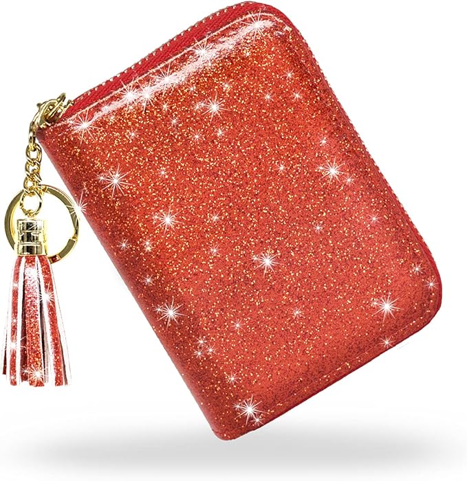 Coco Rossi Women's Small Credit Card Wallet RFID Cute Glitter Card Holder for Women, Red