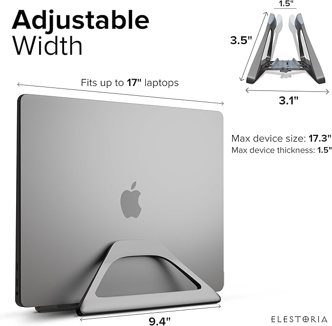Elestoria Aluminum Vertical Laptop Stand with Gravity Auto-Lock ??Adjustable Laptop Holder Vertical fits MacBook Pro/Air, Chromebook & Gaming Laptops up to 17.3" ??Space-Saving Desktop Dock - Grey