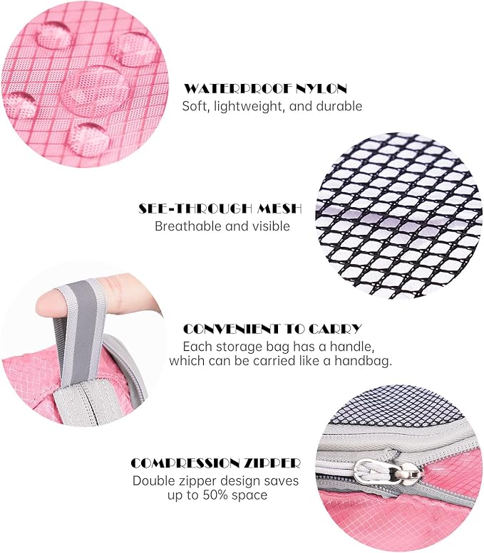 NiHome 7PCS Compression Packing Cube Set Expandable Mesh Travel Bag Luggage Organizers with Electronic Cable Cord Charger Organizer Drawstring Bag for Trip Home Storage Travel Gear Accessories (Pink)