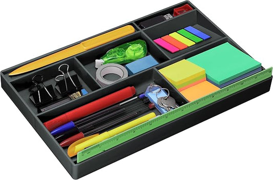 Acrimet Desk Drawer Organizer Tray with 8 compartments Bin Multi-Purpose for Desk Supplies and Accessories (Plastic) (Black Color) | 12" Ruler Special Divider Organizes Pens, Pencils, Stationery Accessories