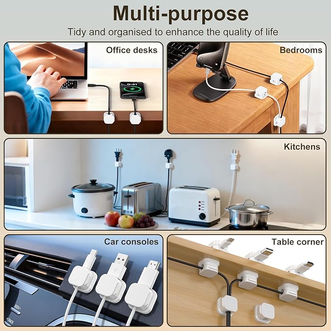 6 Pack Magnetic Cable Clips, Cord Organizer Holder with Strong Adhesive, Desk Cable Management for Home Office Car Desktop Nightstand, Adjustable Wire Keeper, White