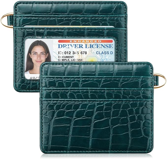 Slim Credit Card Holder Crocodile Wallet Women Thin Alligator Wallets RFID Blocking Minimalist Lightweight Small Cute Cards Holders with ID Window, Dark Green
