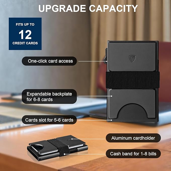 TOYFID Slim Wallet for Men,Black RFID Blocking Card Holder with Expandable Backplate Money Clip & ID Window Quick Access Minimalist Metal Pop Up Wallet,Holds 12+ Credit Cards/Passport/ID Cards