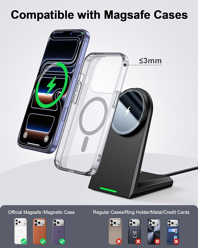 NANAMI Magnetic Wireless Charger Stand 25W Fast Charging with 30W PD Adapter for iPhone 17/16/15/14/13/12, N52 Magnetic Alignment, 360° Adjustable Phone Charger Stand, Auto-Dim LED & Safety Protection