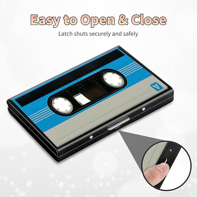 Slim Credit Card Holder, Blue Cassette RFID Blocking Metal Wallet for Men & Women, Aluminum Minimalist Hard Case Pocket-Sized Business Cards Organizer (Fits Up to 10 Cards)