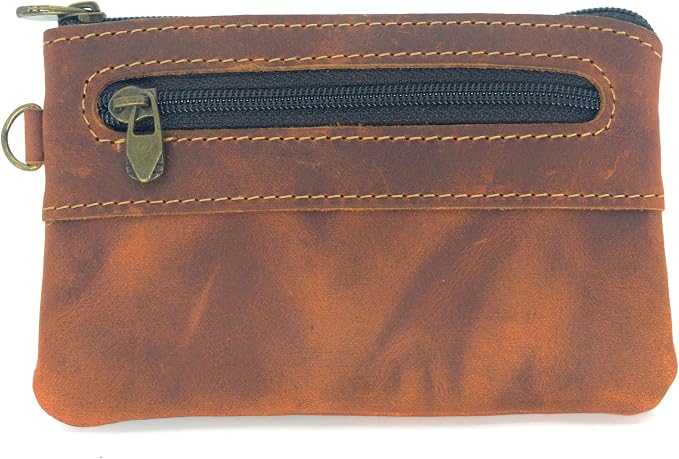 JJNUSA Genuine Leather Zipper Coin Purse for Men, Credit Card Case Holder, Mens Tray Purses Coin Purse Cash Change Wallet Car Smart Holder Money Pouch Brown