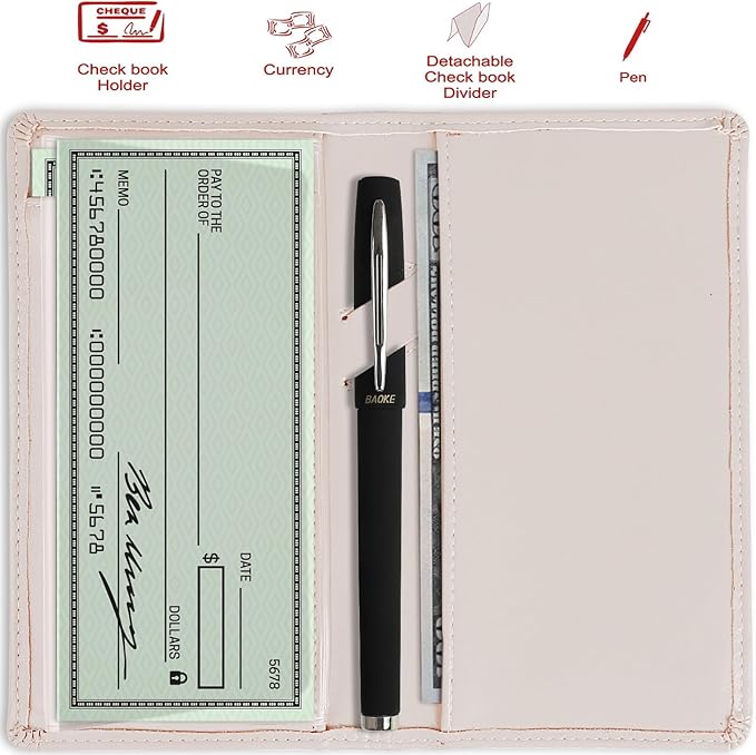 Sanlykate Leather Checkbook Cover for Men and Women, RFID Blocking Check Book Case Card Holder with Free Divider, Standard Register Duplicate Checks with pen inserts, Flesh