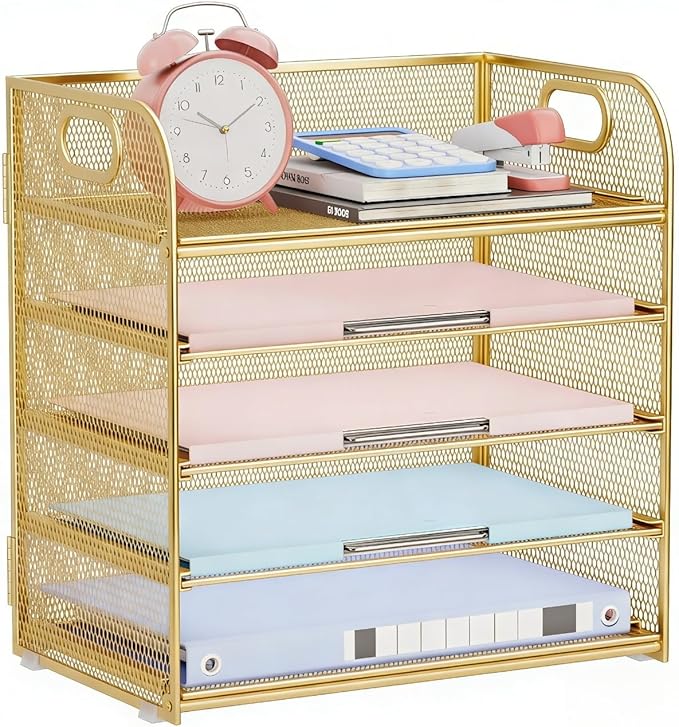 Paper Organizer Letter Tray with Handle Mesh 5 Trays Desk File Organizer Paper Sorter Desk Organizer for Office, Home or School-Gold