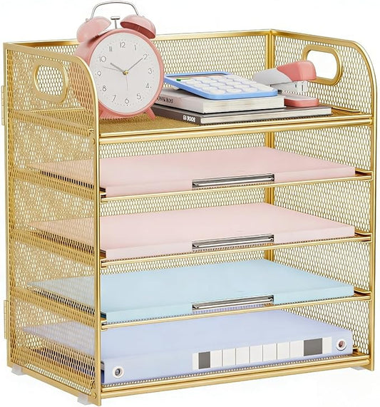 Paper Organizer Letter Tray with Handle Mesh 5 Trays Desk File Organizer Paper Sorter Desk Organizer for Office, Home or School-Gold