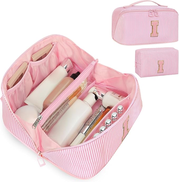 Initial Makeup Bag, Portable Water-resistant Monogram Cosmetic Bag Set, Travel Toiletry Bag with Brush Holder, Personalized Gifts for Friend Teacher Mom Wife, Pink I