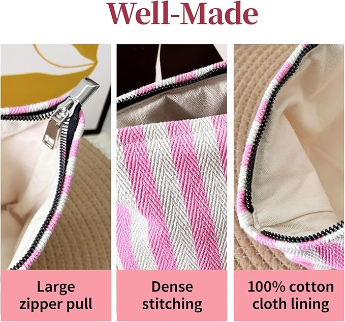itgowisa Pink Striped Canvas Makeup Bag, Lightweight Cosmetic Pouch with Large Zipper Pull & Cotton Blend Lining, Travel Toiletry Organizer for Women & Gifts, Skincare Bag Hygiene Pouch Sunscreen Bag